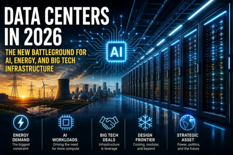 Futuristic data center with AI chip overlay, server racks, and power infrastructure representing energy demand and AI workloads