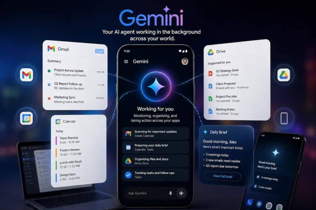 Google Gemini AI agent interface concept showing background tasks across Gmail, Calendar, Drive and mobile devices