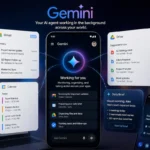 Google Gemini AI agent interface concept showing background tasks across Gmail, Calendar, Drive and mobile devices
