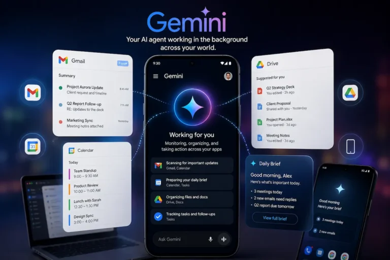 Google Gemini AI agent interface concept showing background tasks across Gmail, Calendar, Drive and mobile devices