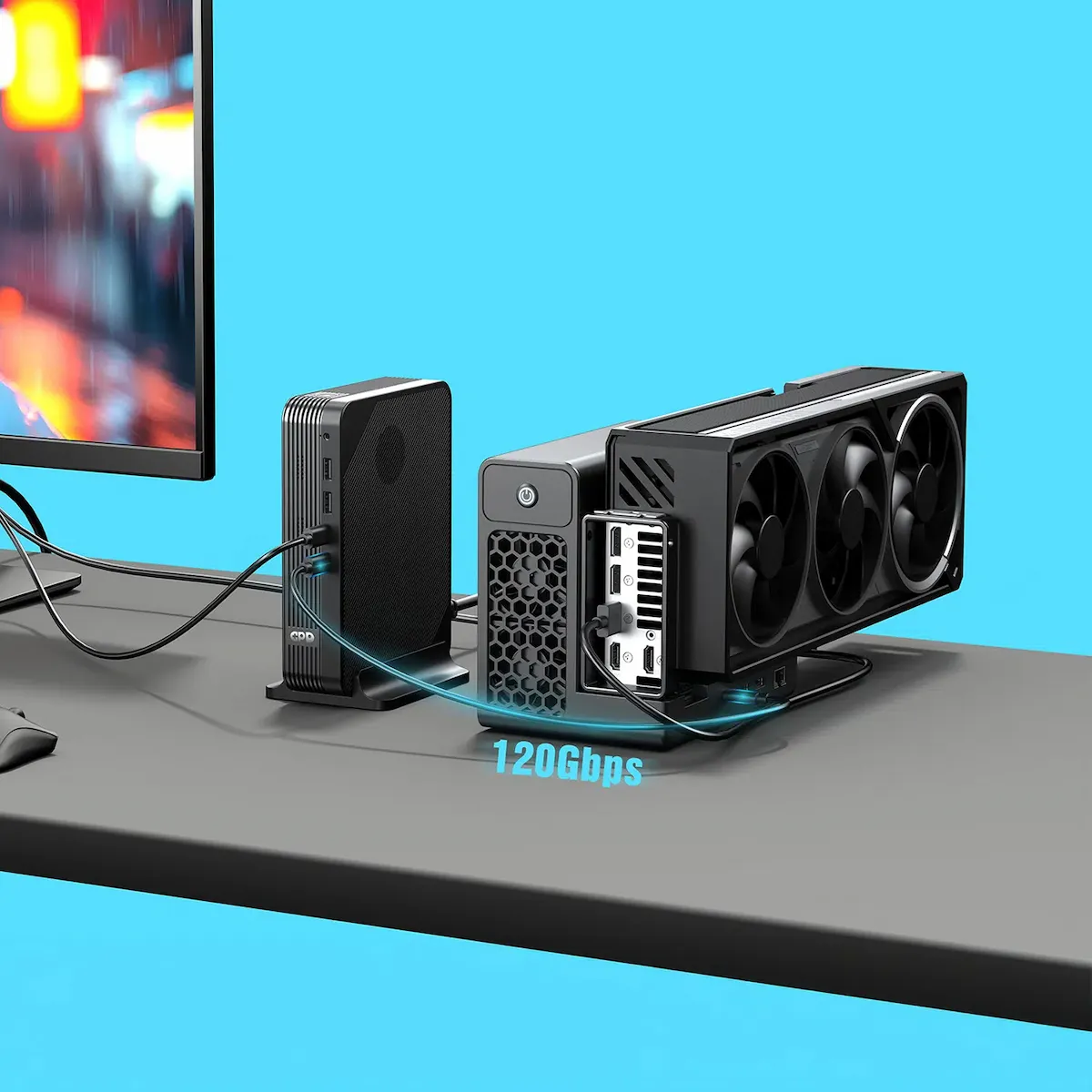 GPD BOX mini PC connected to external GPU enclosure using high-speed MCIO PCIe 5.0 link