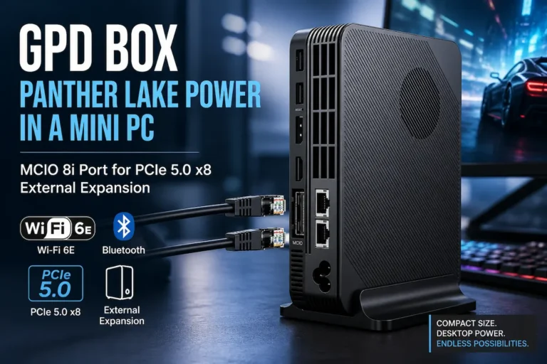 GPD BOX mini PC with MCIO 8i PCIe 5.0 expansion port connected to external GPU