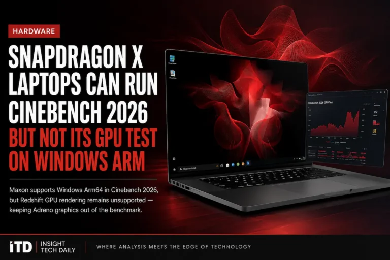 Snapdragon X laptop featured beside a benchmark dashboard, illustrating Cinebench 2026 GPU test limitations on Windows Arm.