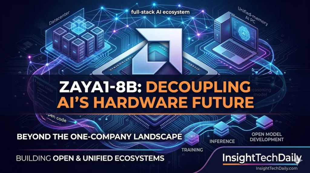A technical graphic featuring the AMD logo at the center of a connected neural network, linking enterprise datacenter servers to a unified-memory AI laptop, symbolizing the expansion of the AI ecosystem.