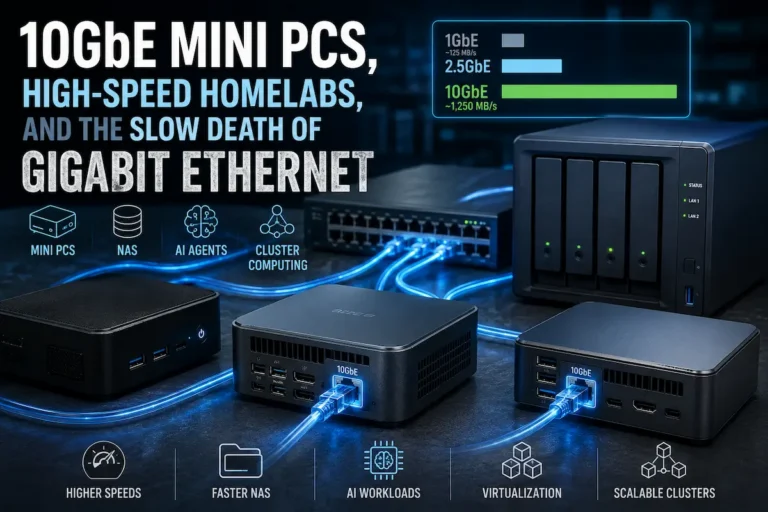10GbE mini PCs connected to a high-speed homelab network with NAS storage, AI agents, and cluster computing infrastructure.