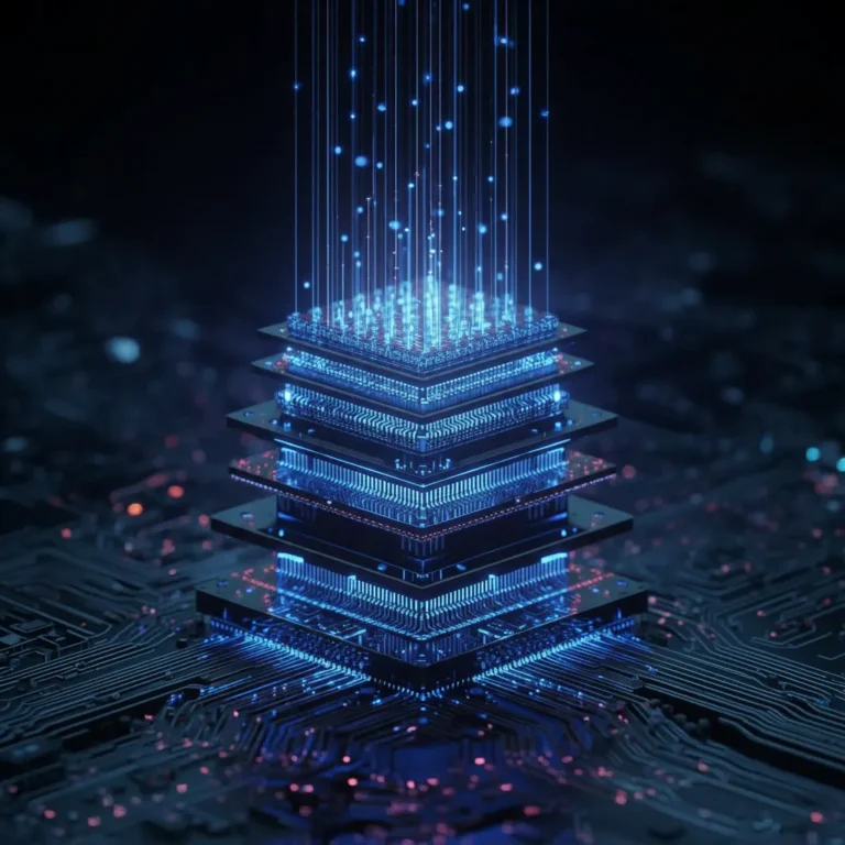 Conceptual 3D microchip with stacked silicon layers and glowing vertical data connections representing future chip architecture