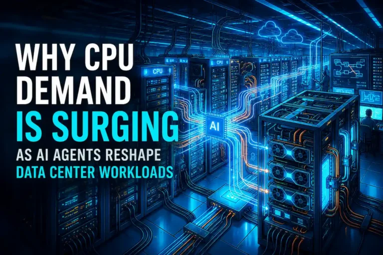 AI data center illustration showing CPUs and GPUs working together to power agentic AI workloads.