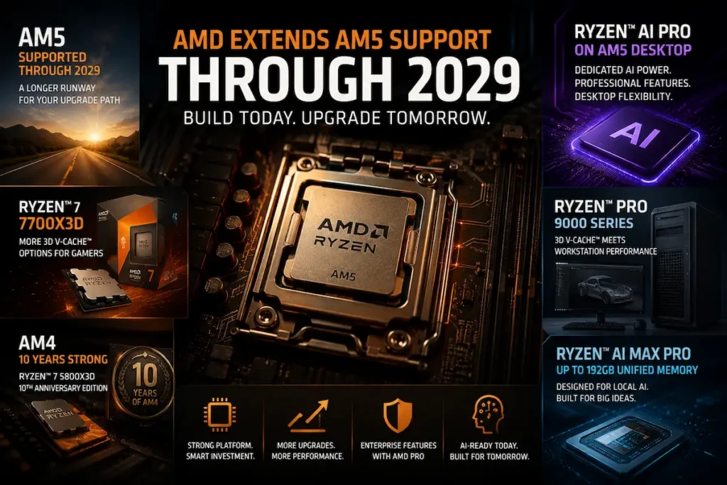 AMD Ryzen processor in an AM5 socket with graphics highlighting AM5 support through 2029, Ryzen AI PRO desktops, Ryzen PRO workstations, and Ryzen AI Max PRO local AI systems.