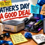 Father’s Day tech deal illustration showing Deal Hunter Dan with a mini PC, PC upgrade parts, charging station, gift box, and deal list for budget-friendly Father’s Day gifts.