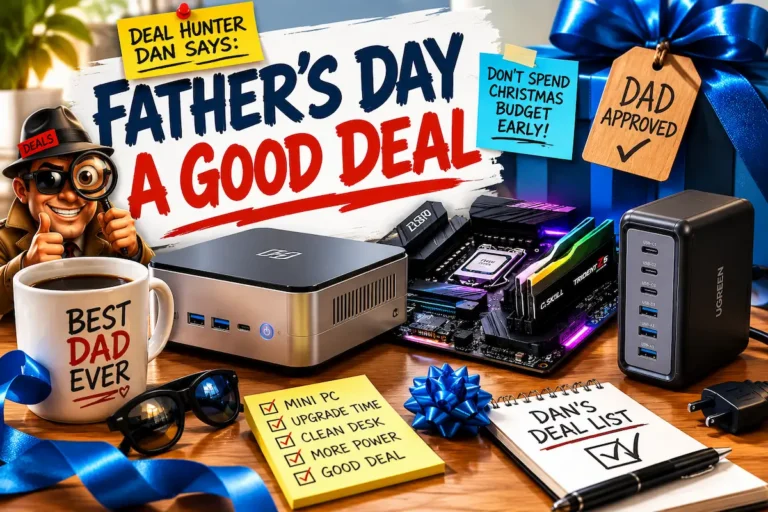 Father’s Day tech deal illustration showing Deal Hunter Dan with a mini PC, PC upgrade parts, charging station, gift box, and deal list for budget-friendly Father’s Day gifts.