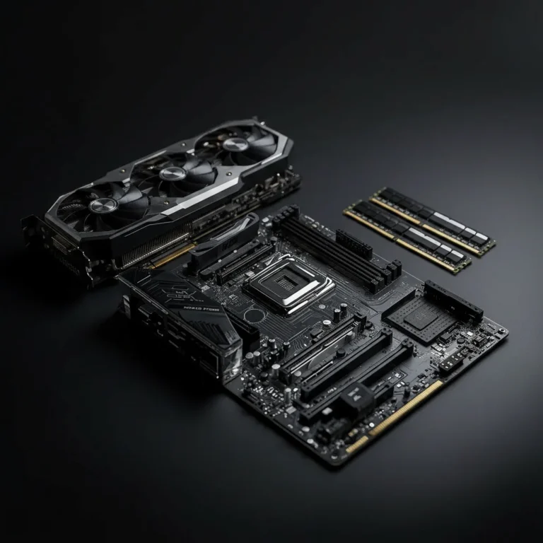 Disassembled gaming PC components including a graphics card, motherboard, processor socket, and RAM on a black workbench.