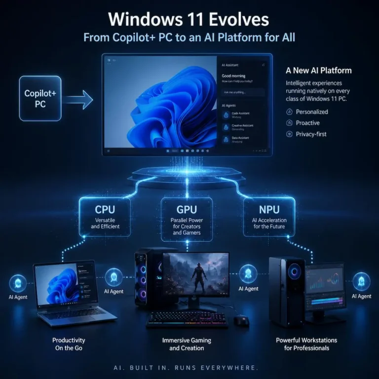 Windows AI platform expanding beyond Copilot Plus PCs to use CPU, GPU, and NPU hardware for local AI agents.