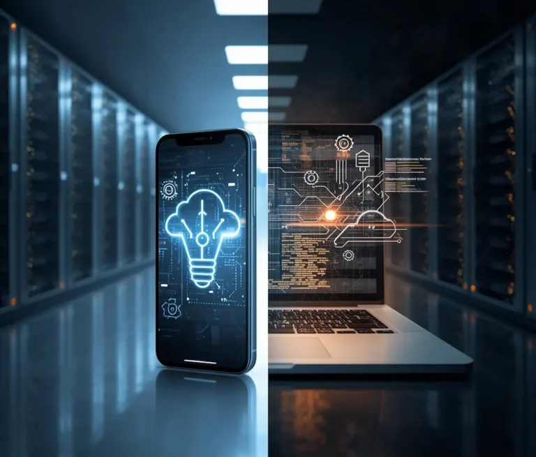 A smartphone and laptop glowing with AI icons, representing local AI processing vs. cloud servers in the background