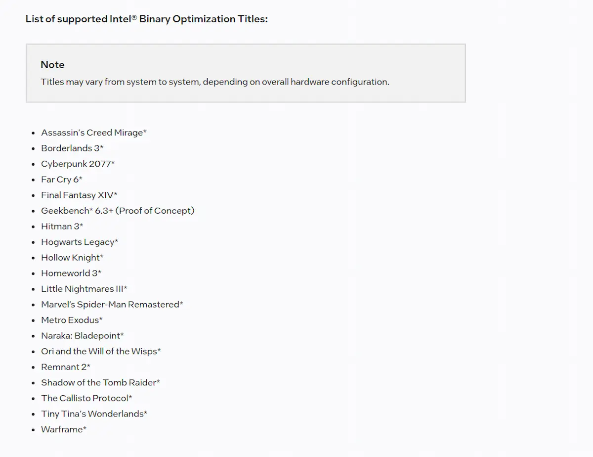 Intel iBOT supported game titles list showing optimized games such as Cyberpunk 2077, Borderlands 3, Hitman 3, Hogwarts Legacy and Warframe.
