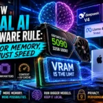 Local AI hardware graphic showing an RTX 5090 GPU, VRAM, unified memory, and open-weight AI models like DeepSeek, Qwen, Llama, Gemma, and Phi