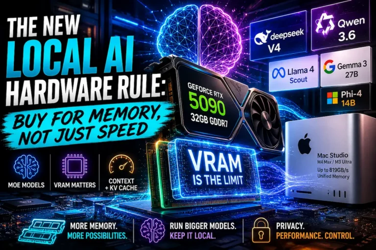 Local AI hardware graphic showing an RTX 5090 GPU, VRAM, unified memory, and open-weight AI models like DeepSeek, Qwen, Llama, Gemma, and Phi