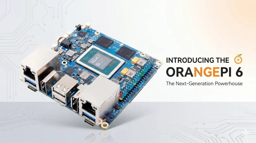 Orange Pi 6 single-board computer with 12-core CIX P1 processor and dual 2.5GbE LAN ports, shown in a detailed technical illustration.