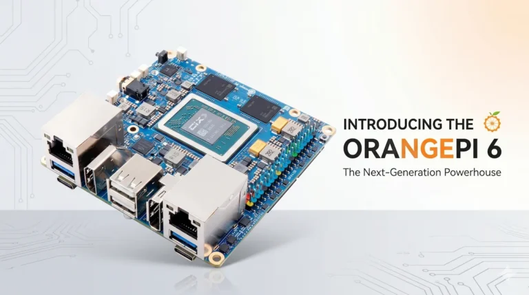 Orange Pi 6 single-board computer with 12-core CIX P1 processor and dual 2.5GbE LAN ports, shown in a detailed technical illustration.
