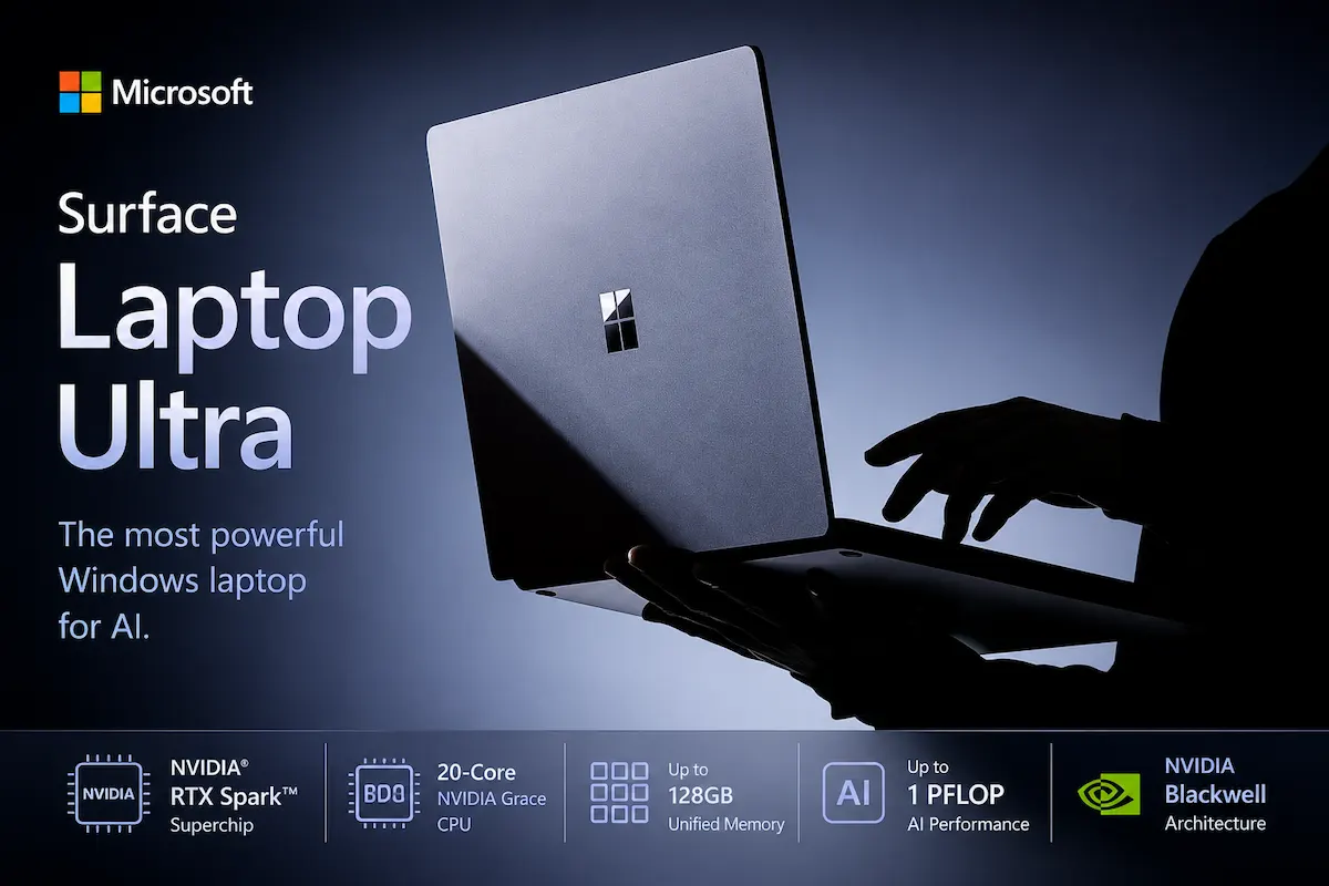 Microsoft Surface Laptop Ultra concept highlighting NVIDIA RTX Spark, unified memory, Blackwell graphics, and local AI performance