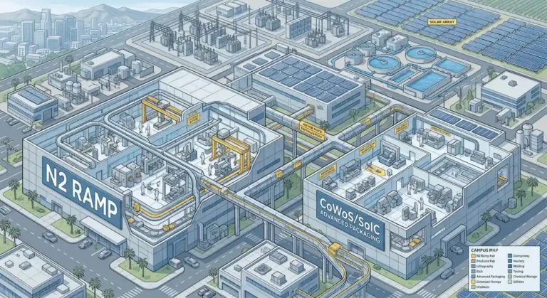 Illustration of a semiconductor manufacturing campus showing TSMC-style N2 chip production, CoWoS and SoIC advanced packaging, solar power, water systems, and supporting infrastructure for AI chip manufacturing.