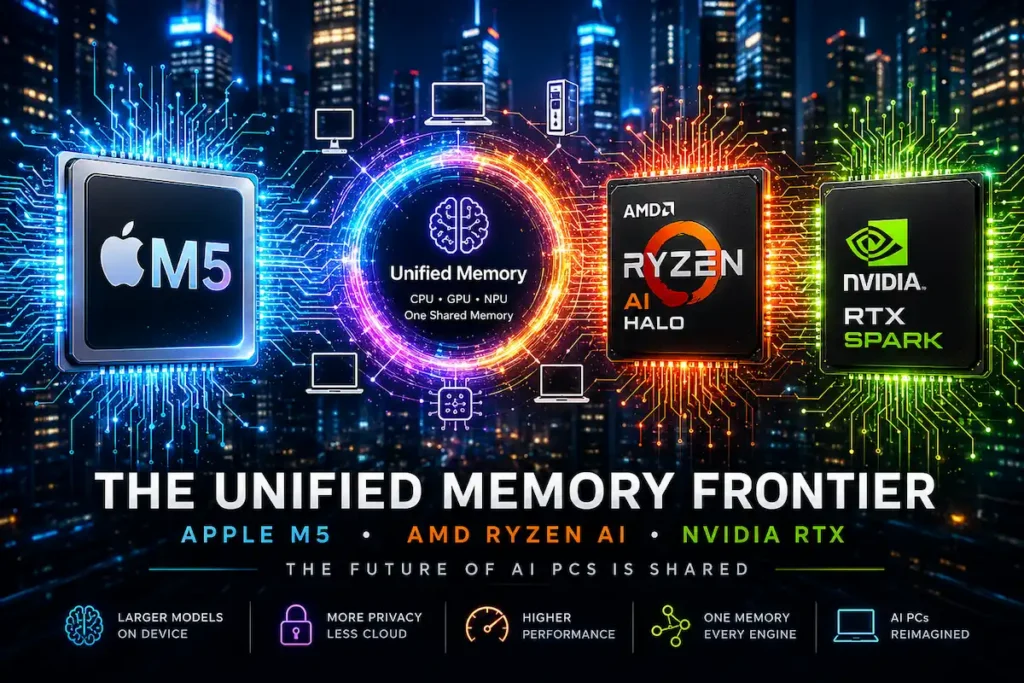 Apple M5 AMD Ryzen AI and NVIDIA RTX Spark chips connected through unified memory architecture for future AI PCs