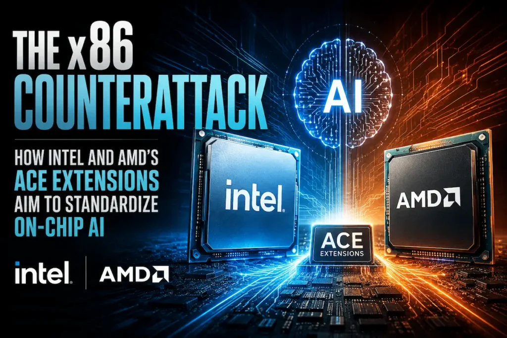 Intel and AMD x86 processors with an AI brain graphic representing ACE Extensions and on-chip AI standardization
