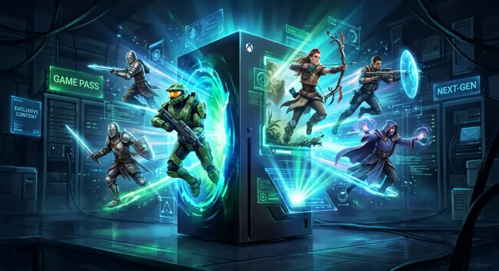 Futuristic Xbox console glowing with blue and green holographic lights as gaming characters like Master Chief, a sci-fi archer, and knights emerge from digital portals, representing Xbox Game Pass content.