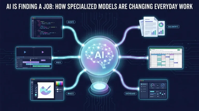 Concept image showing AI branching into specialized workflows for code, video, images, documents, spreadsheets, and automation.