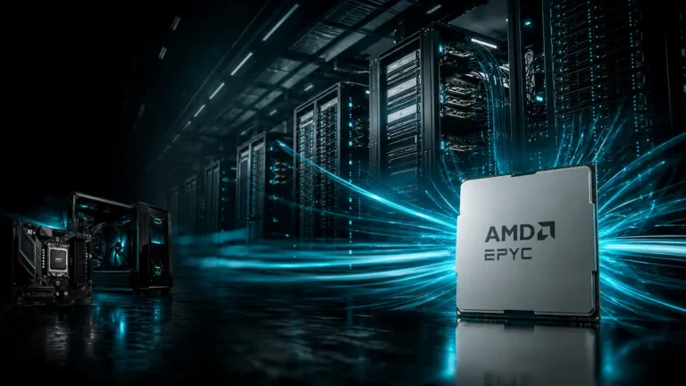 AMD EPYC processor in a futuristic AI data center representing Zen 6 and 2nm deployment in Microsoft Azure