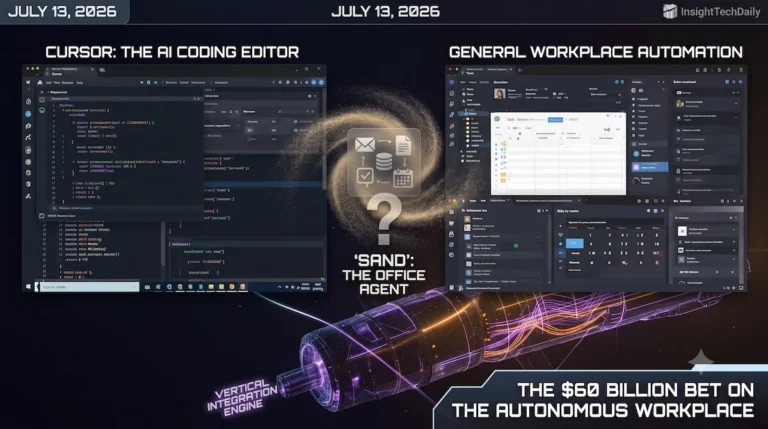 Concept image showing Cursor expanding from an AI coding editor into Sand, a general workplace automation agent, following SpaceX’s $60 billion Anysphere deal.