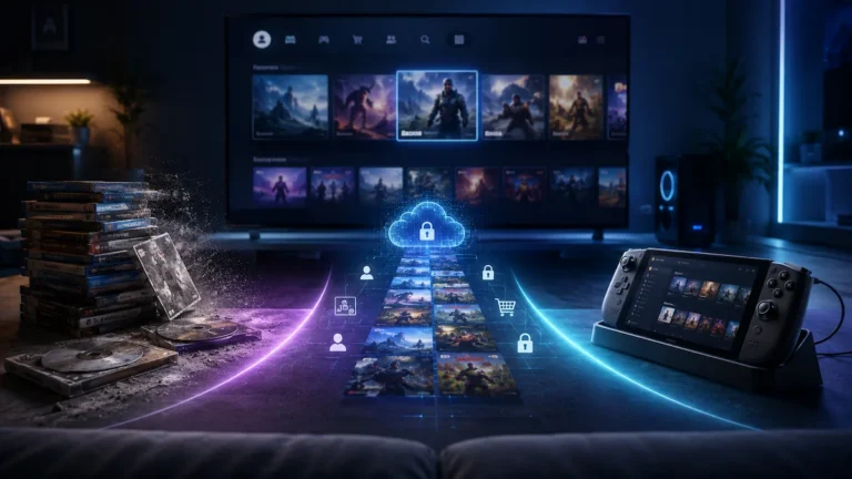 A living room gaming setup showing physical game discs fading beside a glowing digital game library and a docked PC gaming handheld.