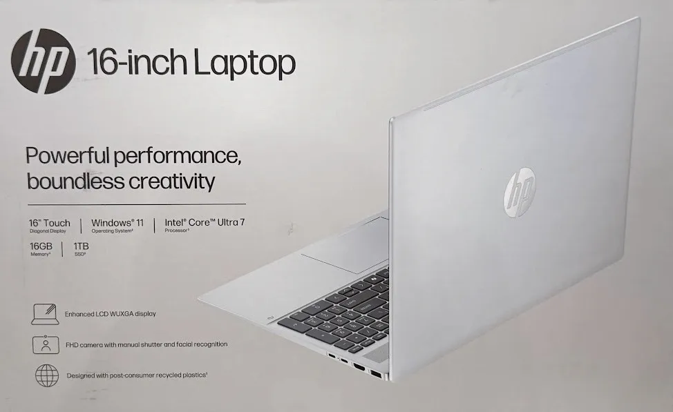 HP OmniBook 5 16-af1017wm retail box showing 16-inch touchscreen, Windows 11, Intel Core Ultra 7, 16GB memory, and 1TB SSD