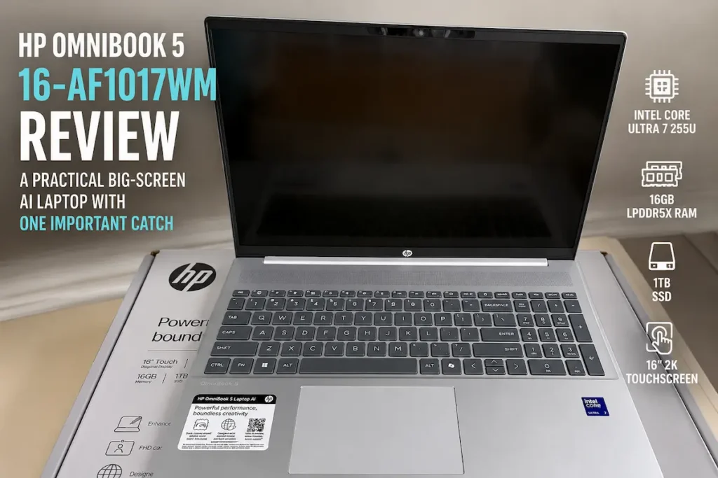 HP OmniBook 5 16-af1017wm review graphic showing the 16-inch AI laptop and key specs