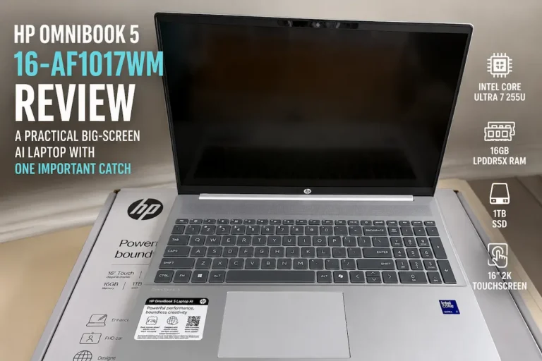 HP OmniBook 5 16-af1017wm review graphic showing the 16-inch AI laptop and key specs