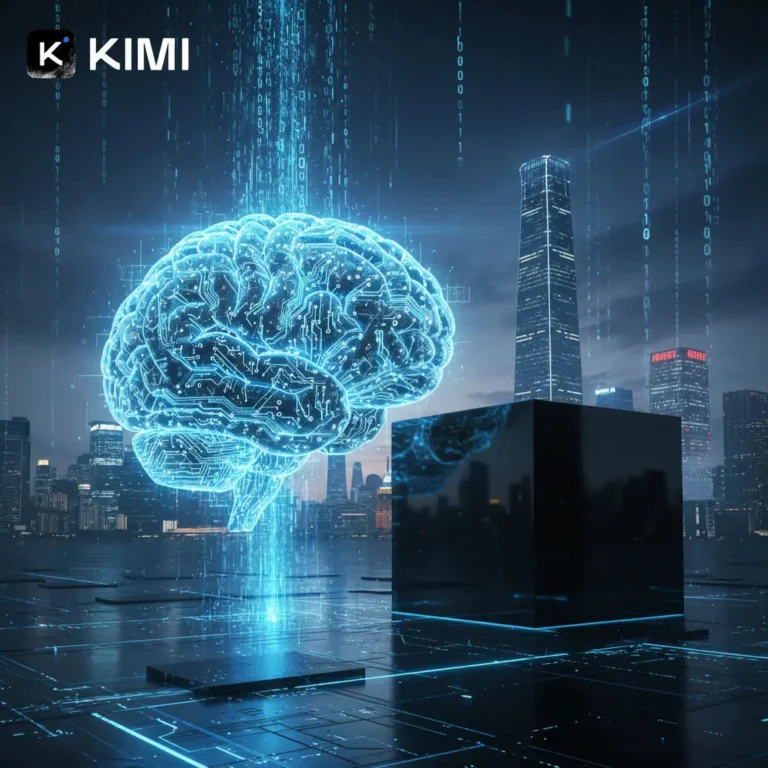 Kimi K3 logo above a glowing digital brain and futuristic data center representing Moonshot AI’s large-scale model