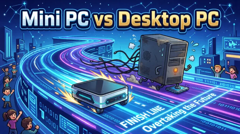 Compact mini PC racing ahead of an older desktop tower in a comparison of small-form-factor and traditional computers