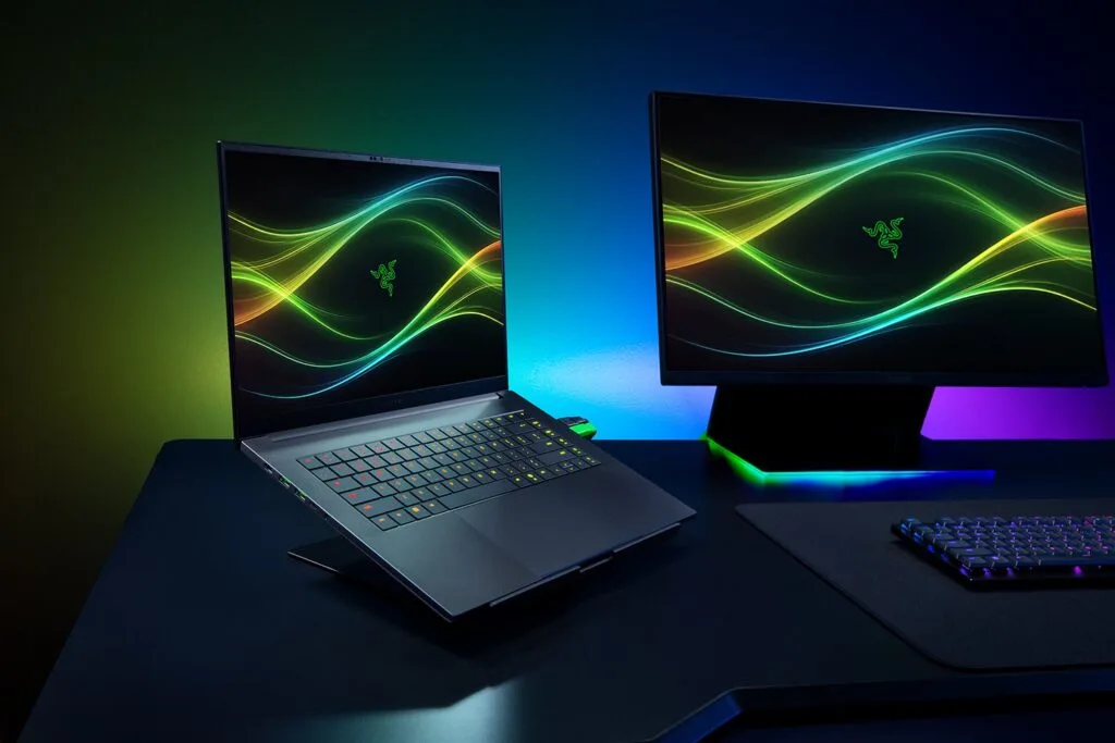 Razer Blade 16 (2026) gaming laptop on a desk stand next to an external monitor showing green RGB lighting curves on the display.