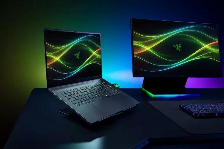 Razer Blade 16 (2026) gaming laptop on a desk stand next to an external monitor showing green RGB lighting curves on the display.