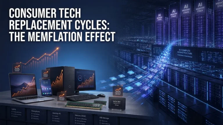 A wide graphic illustrating 'The Memflation Effect,' linking rising consumer tech prices to AI memory demand.