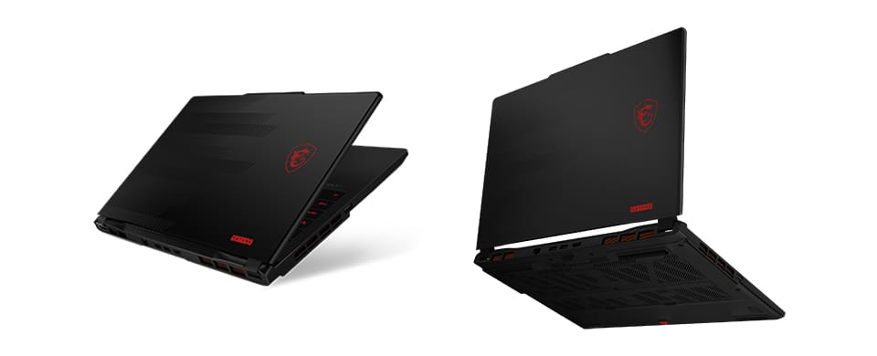 Rear views of the MSI Katana 15 HX C14 showing the lid, hinges, ventilation, and underside cooling intake