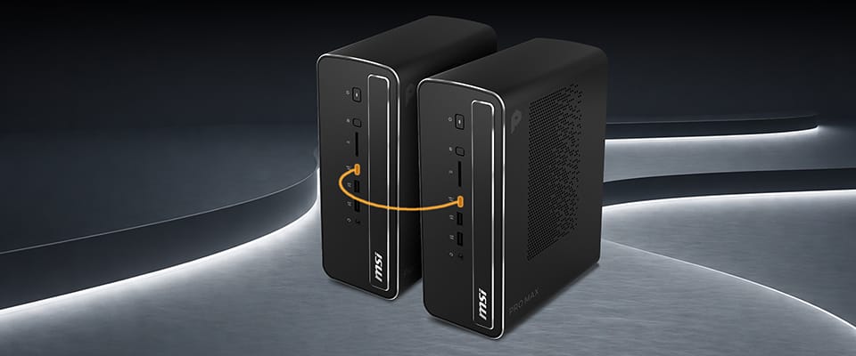 Front and rear views of the MSI PRO MAX EDGE AI+ showing its ventilation and ports