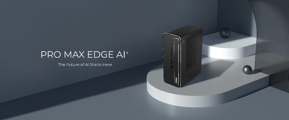 MSI PRO MAX EDGE AI+ compact desktop displayed on a studio pedestal