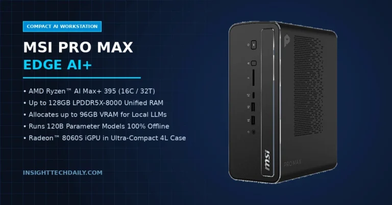 MSI PRO MAX Edge AI compact workstation featured graphic highlighting AMD Ryzen AI Max+ 395 specifications