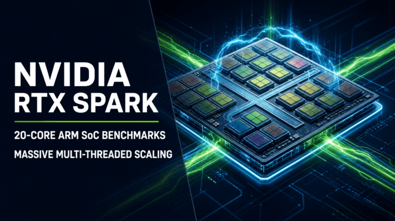 NVIDIA RTX Spark N1X 20-core Arm processor benchmark graphic with illuminated blue and green circuitry