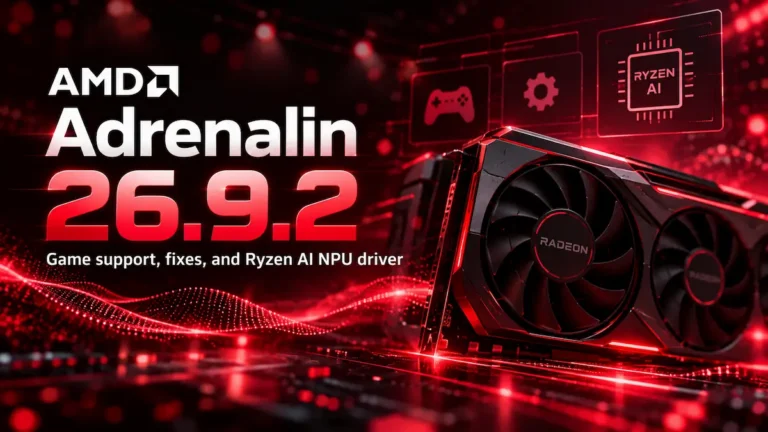 AMD Adrenalin 26.9.2 driver update featured image with Radeon graphics card and Ryzen AI NPU branding