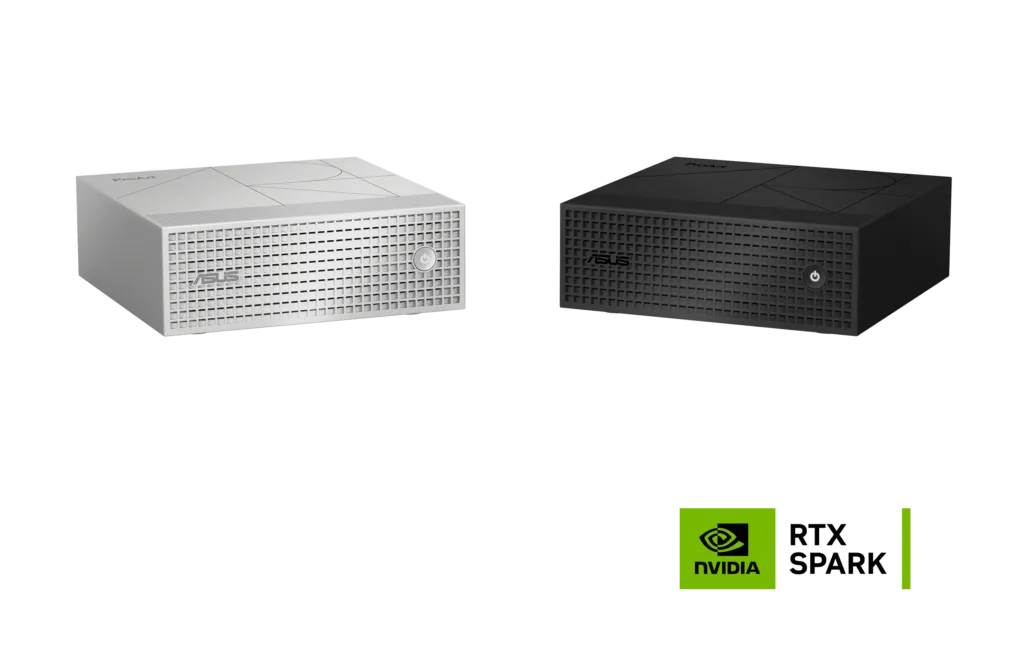 Silver ASUS ProArt GR1X mini PC showing its front grille, circular power button, and top panel, alongside NVIDIA RTX Spark branding