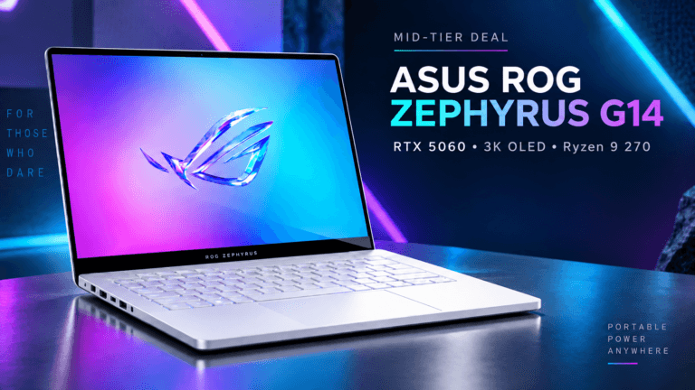 ASUS ROG Zephyrus G14 gaming laptop with RTX 5060, 3K OLED display, and Ryzen 9 270