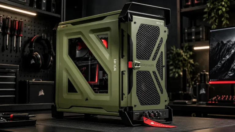 Corsair Warthog olive drab mid-tower PC case with military-inspired design and large front airflow panel
