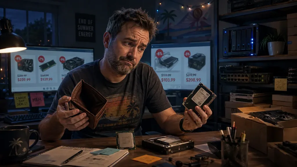 Deal Hunter Dan compares disappointing Labor Day computer deals while holding an empty wallet and an overpriced hard drive.