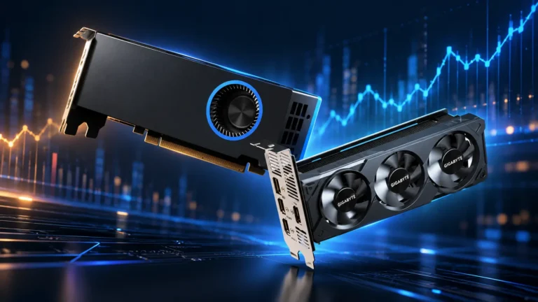 Low-profile graphics cards shown against a rising market graph, illustrating higher prices and limited SFF GPU options in 2026.